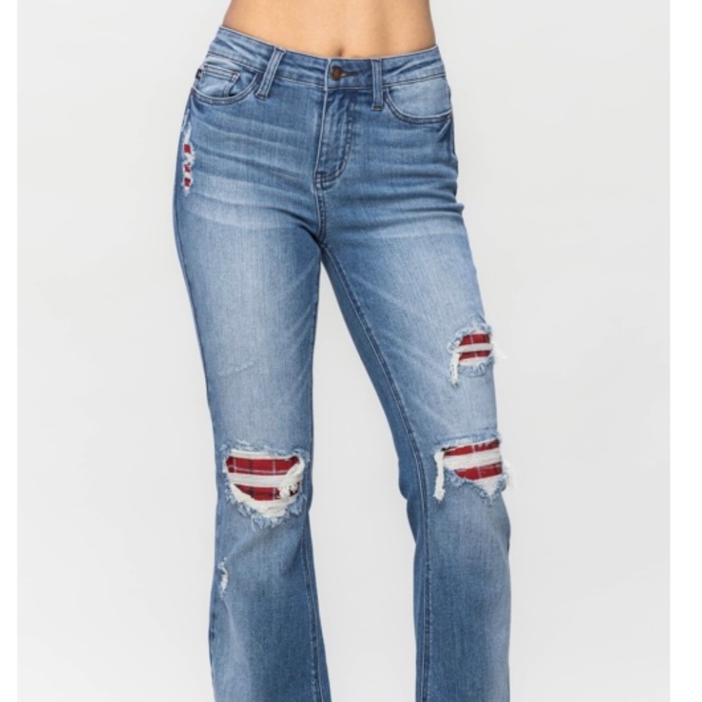 Judy Blue Plus Size Mid Rise Plaid Patch Detail Bootcut Jeans